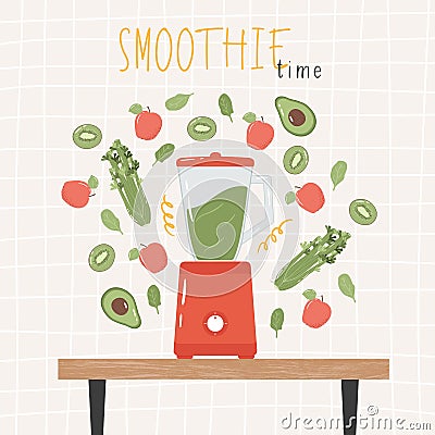 Green smoothie in food processor, mixer, blender. Healthy diet concept. Mixing celery, spinach, apple, kiwi and avocado. Vector Illustration