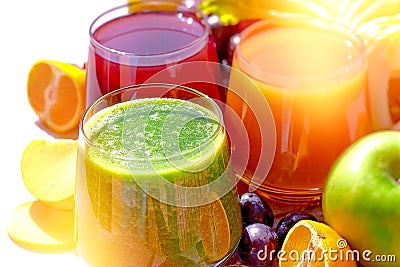 Green smoothie and fruit juice, freshly squeezed healthy drinks Stock Photo