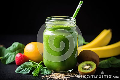 green smoothie glass with a metal straw surrounded by fruit peels Stock Photo