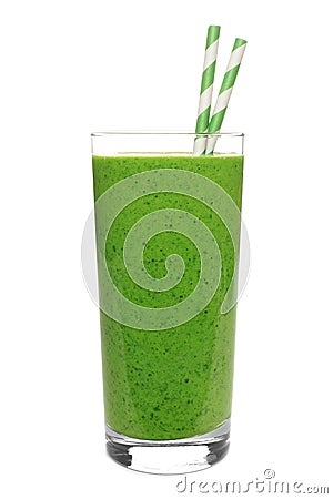 Green smoothie in glass with straws isolated on white Stock Photo