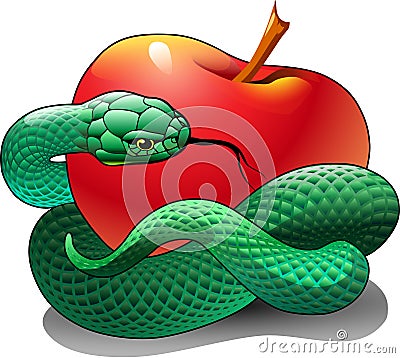 A green snake is wrapped around a red apple Vector Illustration