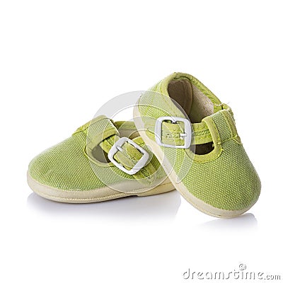 Green sneakers shoes for kids isolated on white background Stock Photo