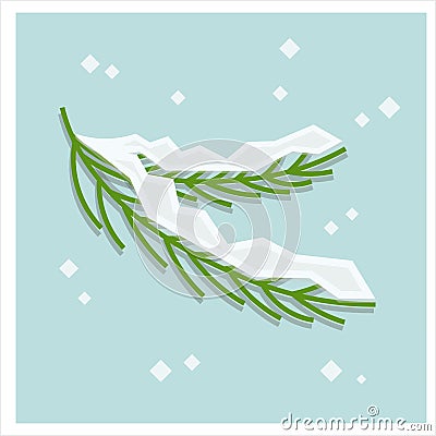 Green snow-covered fir branches. Christmas card on a blue background. Minimalistic decorative vector illustration. Flat Vector Illustration