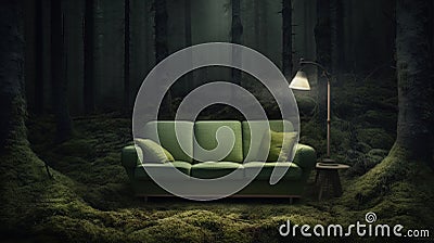 Green sofa and a lamp in the middle of a dark summer forest. Eerie trees in twilight, mysterious atmosphere. Generative AI Stock Photo