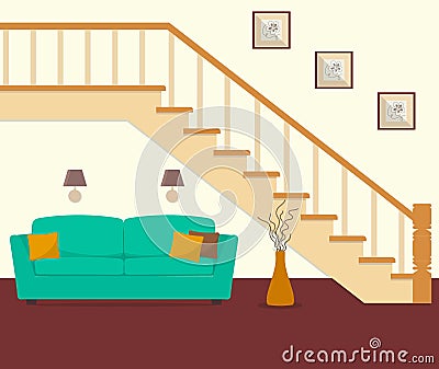 Green sofa, located under the stairs Vector Illustration