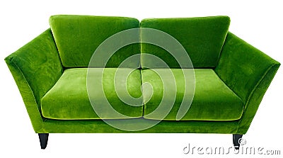 Green sofa. Soft velour fabric couch. Classic modern divan on isolated background Stock Photo