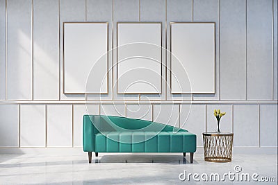 Green sofa in a white living room Stock Photo
