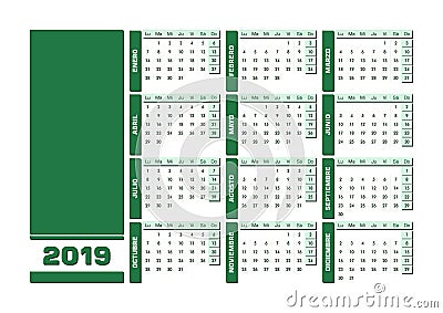 Green 2019 Spanish calendar. Printable landscape version Vector Illustration