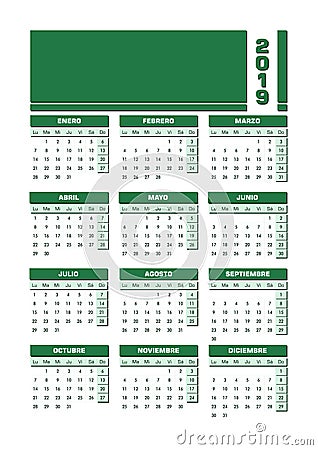 Green 2019 Spanish calendar. Printable portrait version Vector Illustration