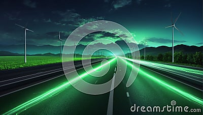 Green speed light trail on the road, renewable energy highway transportation concept Stock Photo