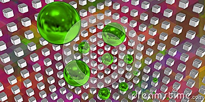 Green spheres flying in a tech space Stock Photo