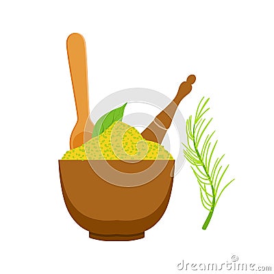 Green spices in a wooden bow. Colorful cartoon illustration Vector Illustration