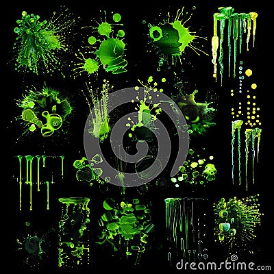 Green splashes on black background moodboard AI generated Stock Photo