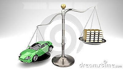 Green sports car on a scale against a stack of gold bars symbolizes expensive shopping, overpaying for goods, rip off, luxury Stock Photo