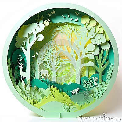 Green Spring Circle Forest Papercut Diorama Stock Photo