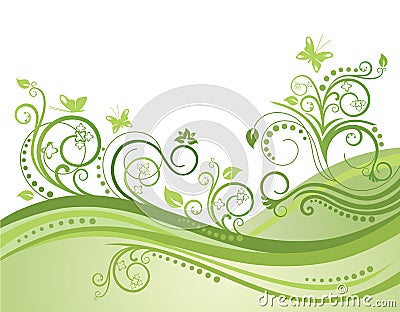 Green spring field, flowers and butterflies Vector Illustration