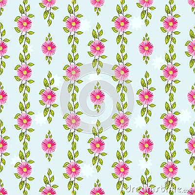 Green spring floral seamless pattern with pink beautiful flowers Vector Illustration