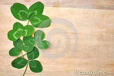 Green Spring Leaves Clover On Wood Background Stock Photo