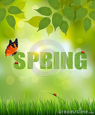 Green Spring letters made of grass on sunny forest background. Vector Illustration