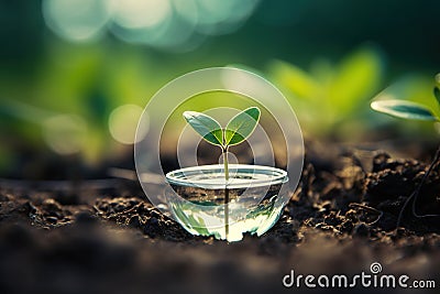 Green sprout in a glass vessel. Concept of spring, environmental protection. Generated by artificial intelligence Stock Photo