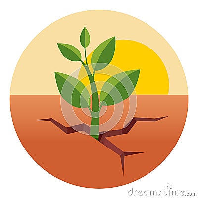 Green sprout grows through dry desert ground Vector Illustration