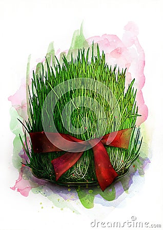 Green sprouted wheat seeds with red ribbon, a traditional symbol of Novruz Bayram - semeni, sketch Stock Photo