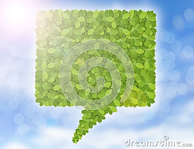 Green square bubble made of green leaves eco friendly on sky background Stock Photo