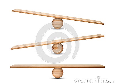 Wooden seesaw or balance scales isolated on white background. Stock Photo