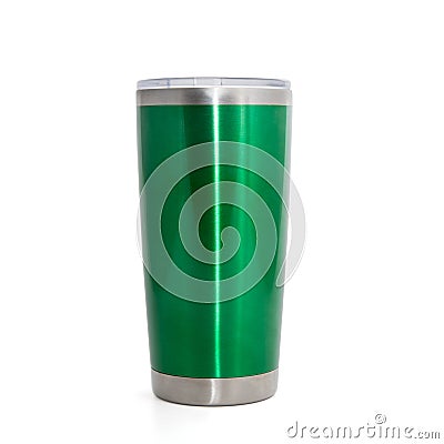 Green stainless steel cup, thermos tumbler mug isolated on white background Stock Photo