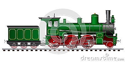 Green steam locomotive with tender Vector Illustration