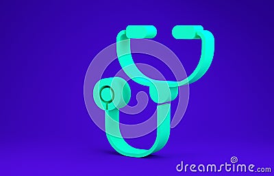 Green Stethoscope medical instrument icon isolated on blue background. 3d illustration 3D render Cartoon Illustration