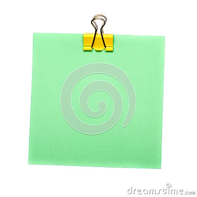 Green Stick Note with yellow paper clip holder isolated on white background. Mock up Stock Photo