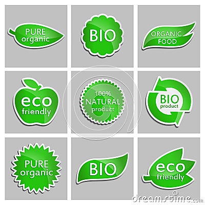 Green sticker Eco friendly, Bio, Pure organic, Organic food, Natural product, BIO product. Set. Stock Photo