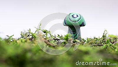 Green Stone mushroom made from Malachite gemstone crystalize rock showing unique patterns and colours with moss foreground often Stock Photo