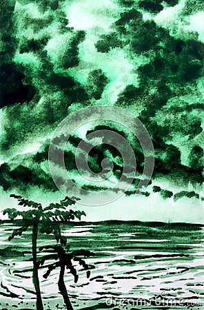 Green stormy seascape watercolor illustration Cartoon Illustration