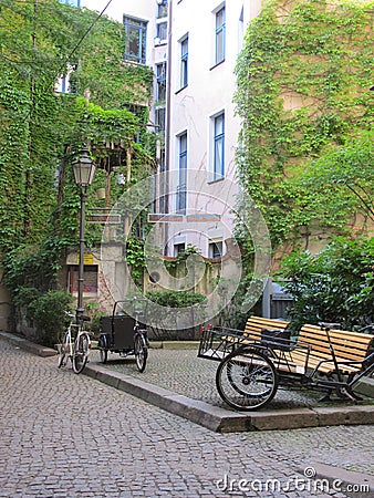 Green Street with Old type of Bikes Stock Photo