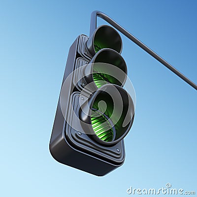 Green street traffic light on sky. 3D illustration Stock Photo