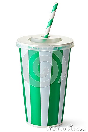 Green striped cardboard cup with a straw Stock Photo