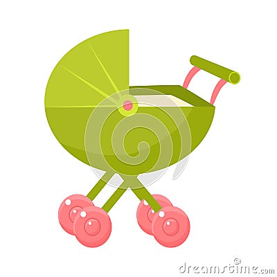 Green Stroller With Pink Wheels And Closed Hood, Object From Baby Room, Happy Childhood Cute Illustration Vector Illustration