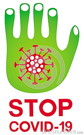 Green stylized hand blocking the coronvirus molecule. Stop and covid-19. Vector Illustration