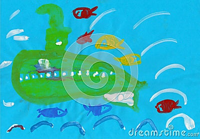 Green submarine and fishes in the deep sea, child`s drawing Stock Photo