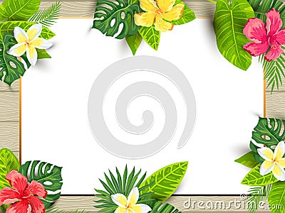 Green summer tropical background with exotic leaves and flower Vector Illustration