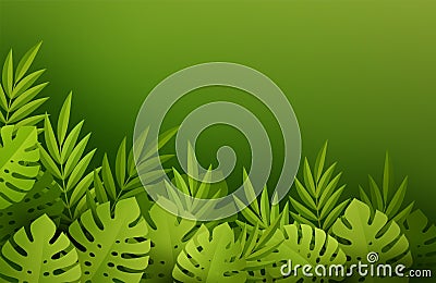 Green Summer Tropical Leaves. Paper cut style. Monstera and palm leaf. Tropic border. Vector illustration Vector Illustration