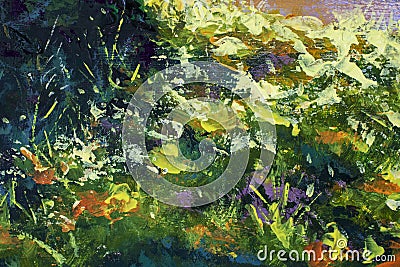 Green sunny summer warm tree branches grass - abstract impressionism art fragment Stock Photo