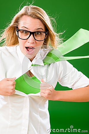 Green Superhero Businesswoman crazy face Stock Photo