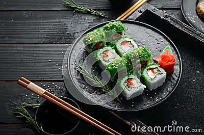 Green sushi. Japanese sushi with Chuka salad. Asian Diet Food. Stock Photo