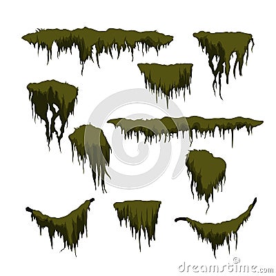 Green swamp moss on white background. Forest grass in cartoon style. Isolated design element. Game sprite. Marsh plants Vector Illustration