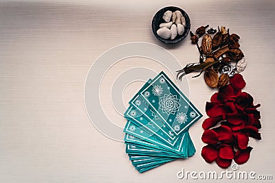 Green tarot cards with different mystical objects. Space for texts Stock Photo