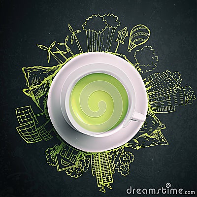 Green tea with circle ecology doodles. Sketched eco elements with cup of green tea Stock Photo