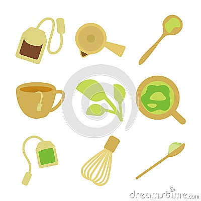 green tea flat design vector set with the serving object Vector Illustration